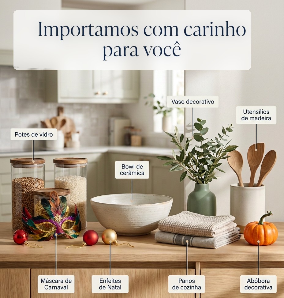 Importamos com carinho para você: potes de vidro, bowl de cerâmica, vaso decorativo, panos de cozinha, utensílios de madeira e itens de Natal, Carnaval e Halloween identificados por linhas finas